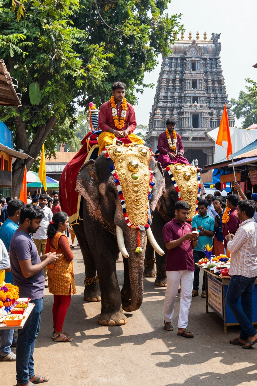 A parade of decorated elephants walks through a temple town during a religious festival.