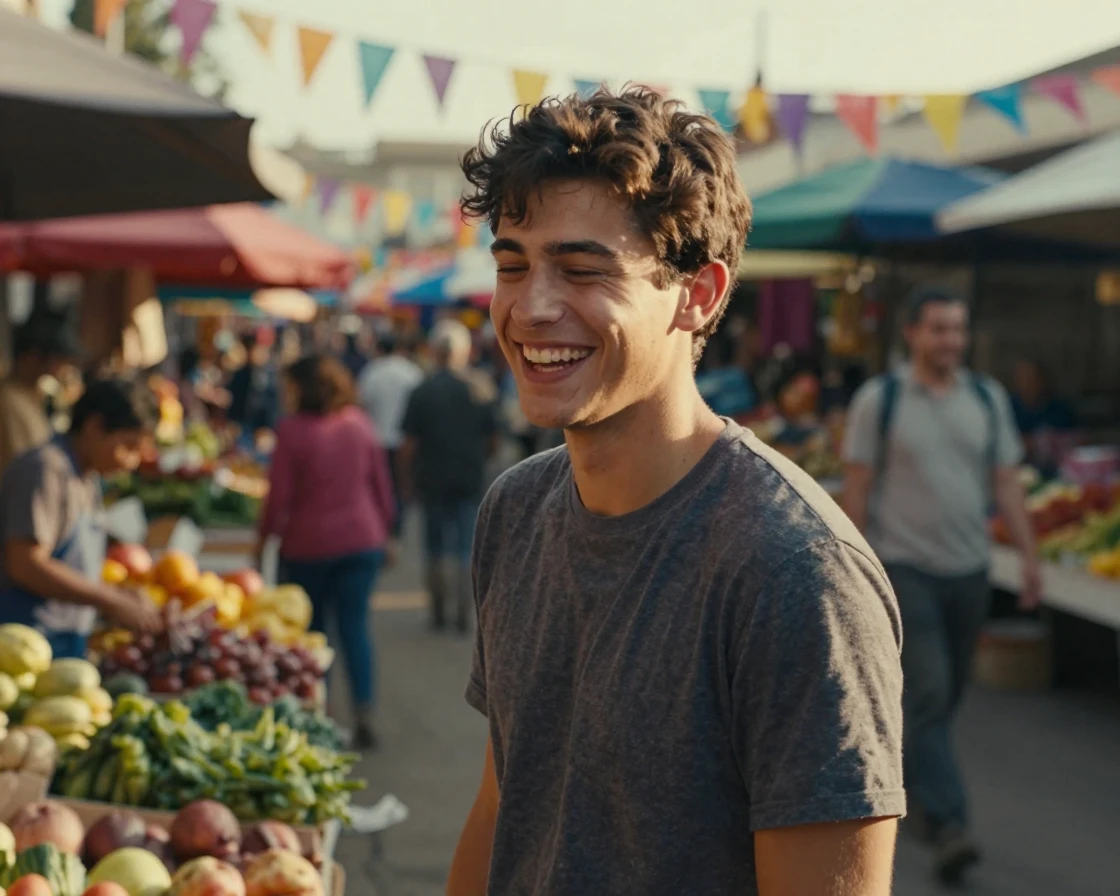 A teenage man laughing warmly with closed eyes in a bustling open-air market, a gentle smile crossing their face