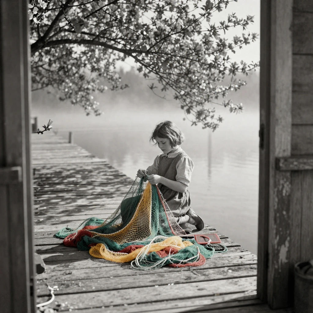 A fisherman's daughter untangling colorful nets on a pier, in dappled light filtering through leaves, in thick rolling fog, as spring blossoms unfurl, with stark black-and-white contrast softened by a single warm hue, framed through an open doorway.