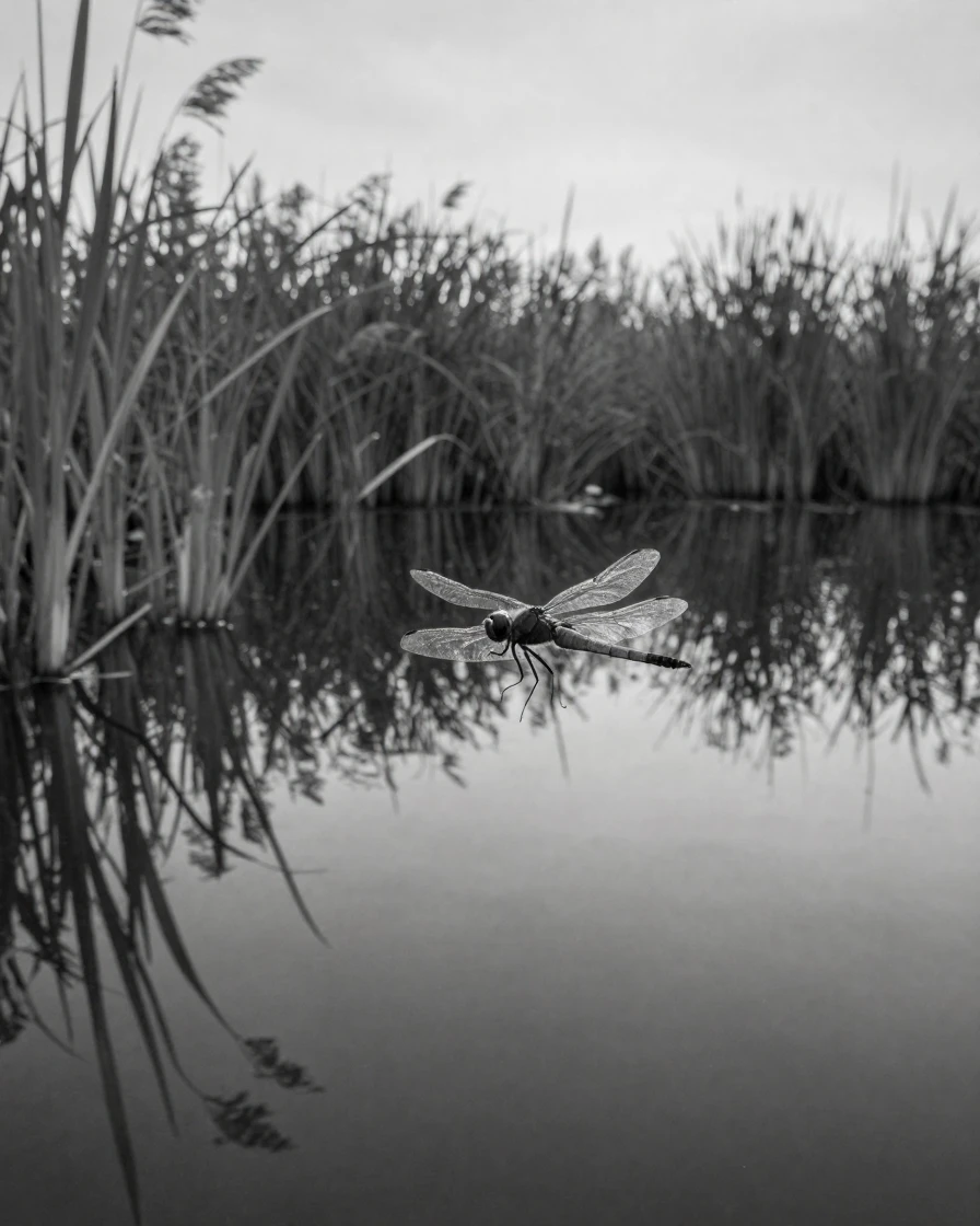 A dragonfly hovers above a still pond over a calm reed-lined marsh.