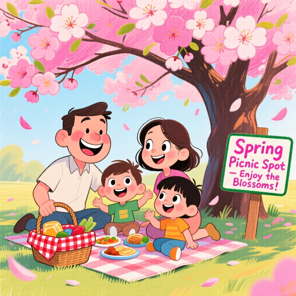 A family enjoying a picnic under a blossoming cherry tree in spring.