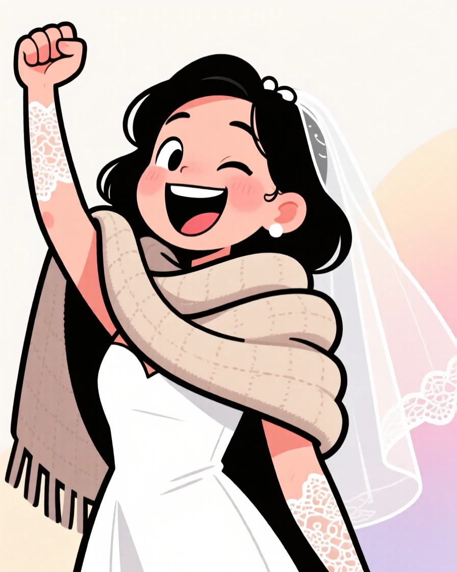 A charming portrait of a beaming bride, raising a fist in triumphant celebration, wrapped in a cozy oversized scarf.