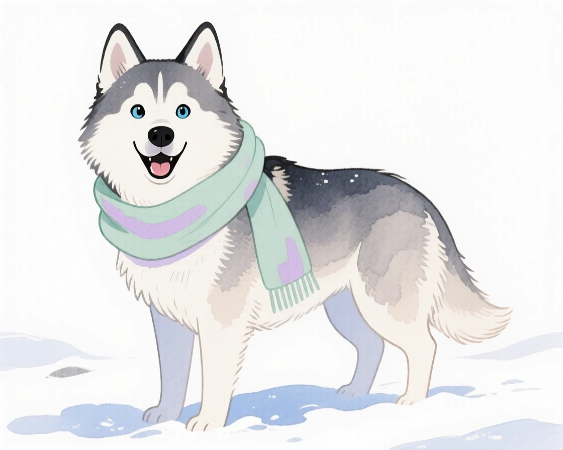 A majestic husky wearing a cozy scarf in the snow