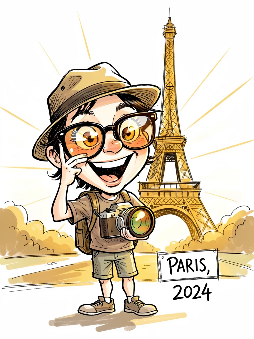 [Travel & Cultural Experiences] Vivid travel scene of a tourist snapping a photo in front of the Eiffel Tower at golden hour, full of wonder and adventure