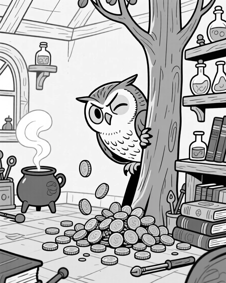A wizard's owl familiar rolling its eyes at its master, ducking back behind the tree after being spotted, set in a cluttered cottage full of bubbling cauldrons. A pile of gold coins spills comically across the floor. It's a whimsical moment that feels both magical and silly.