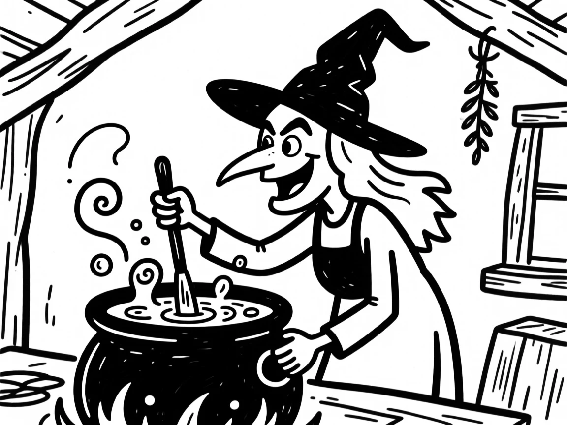 A witch stirring a bubbling cauldron in a cozy cottage full of hanging herbs.