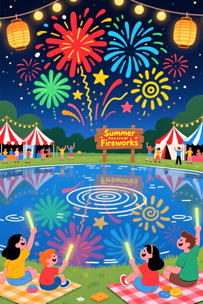 A fireworks show reflected in a lake during a summer festival.