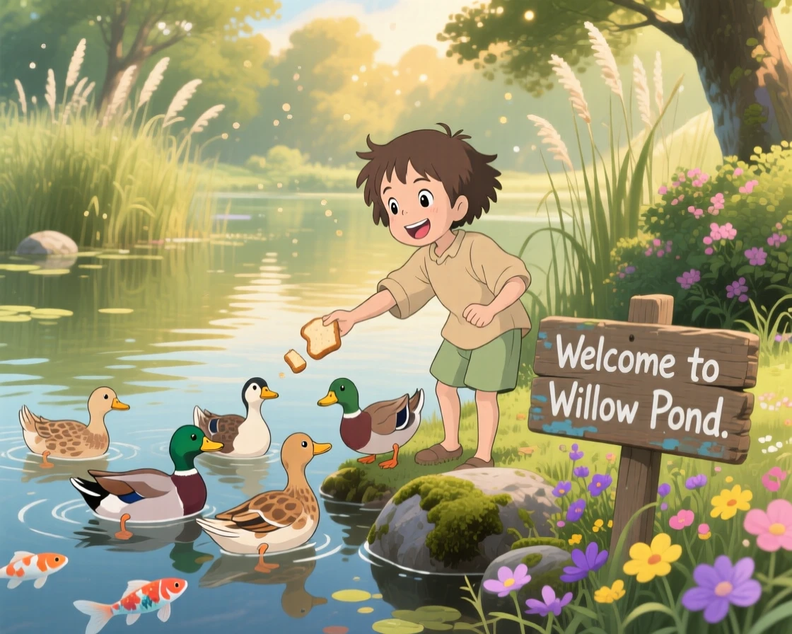 A child feeding ducks at the edge of a pond, the moment carefree and joyful.