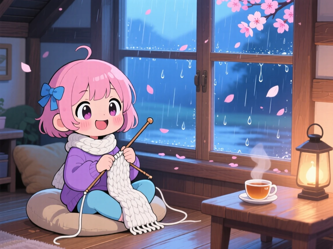 In a quiet cottage sitting room, a young girl is knitting a scarf beside a window on a rainy day as cherry blossom petals drift on the breeze, bathed in cool blue twilight glow, expression full of giggling amusement. Shot as a dynamic diagonal composition.