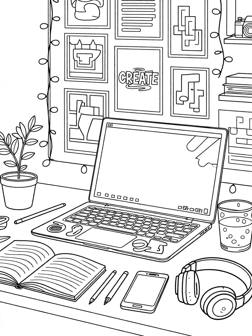 A laptop covered in stickers on a cluttered desk, with a poster wall visible in the background.