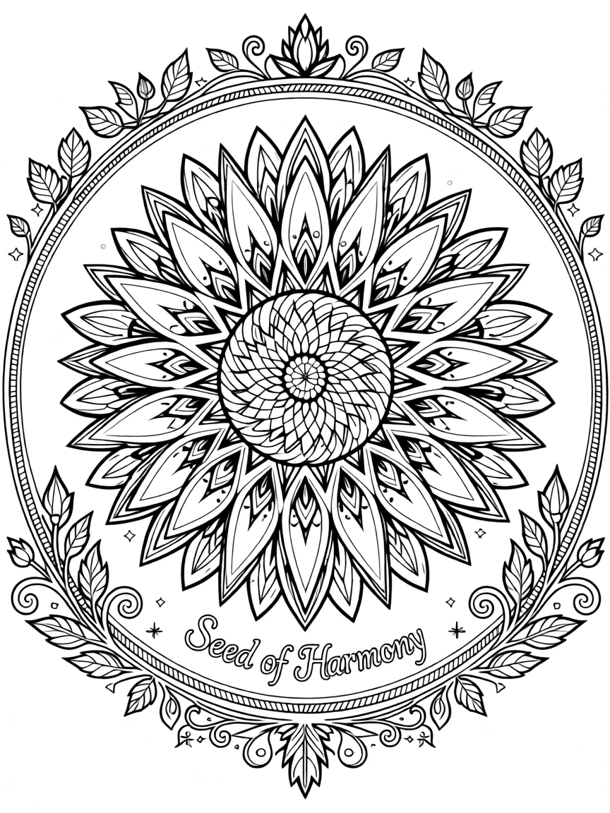 A mandala shaped like a sunflower with seed-spiral geometry.