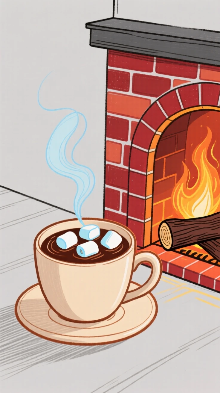A cup of hot cocoa topped with marshmallows beside a fireplace.
