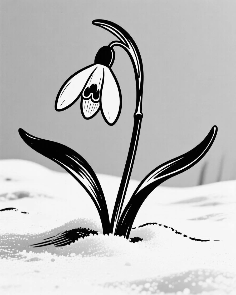 A single snowdrop flower pushing up through late winter snow.