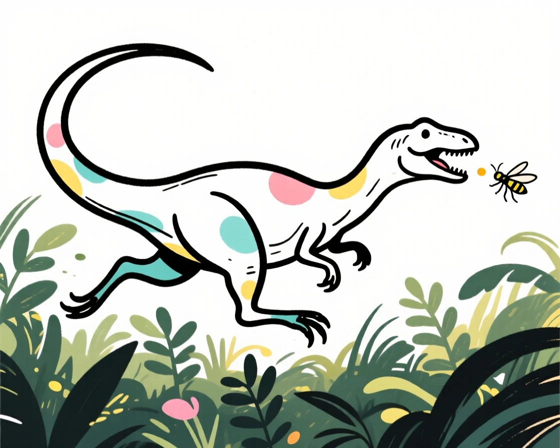 A Compsognathus darting through undergrowth chasing an insect.