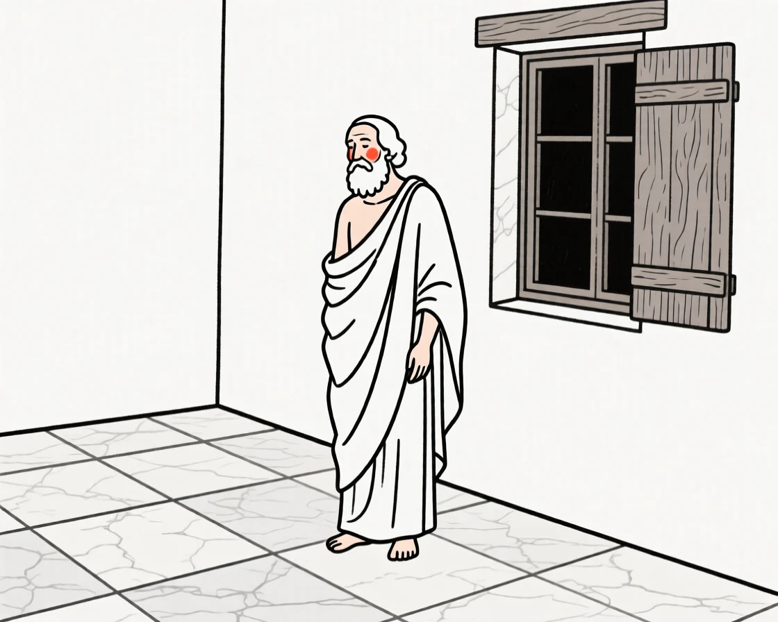 A greek philosopher in a marble courtyard, by a rustic farmhouse window.