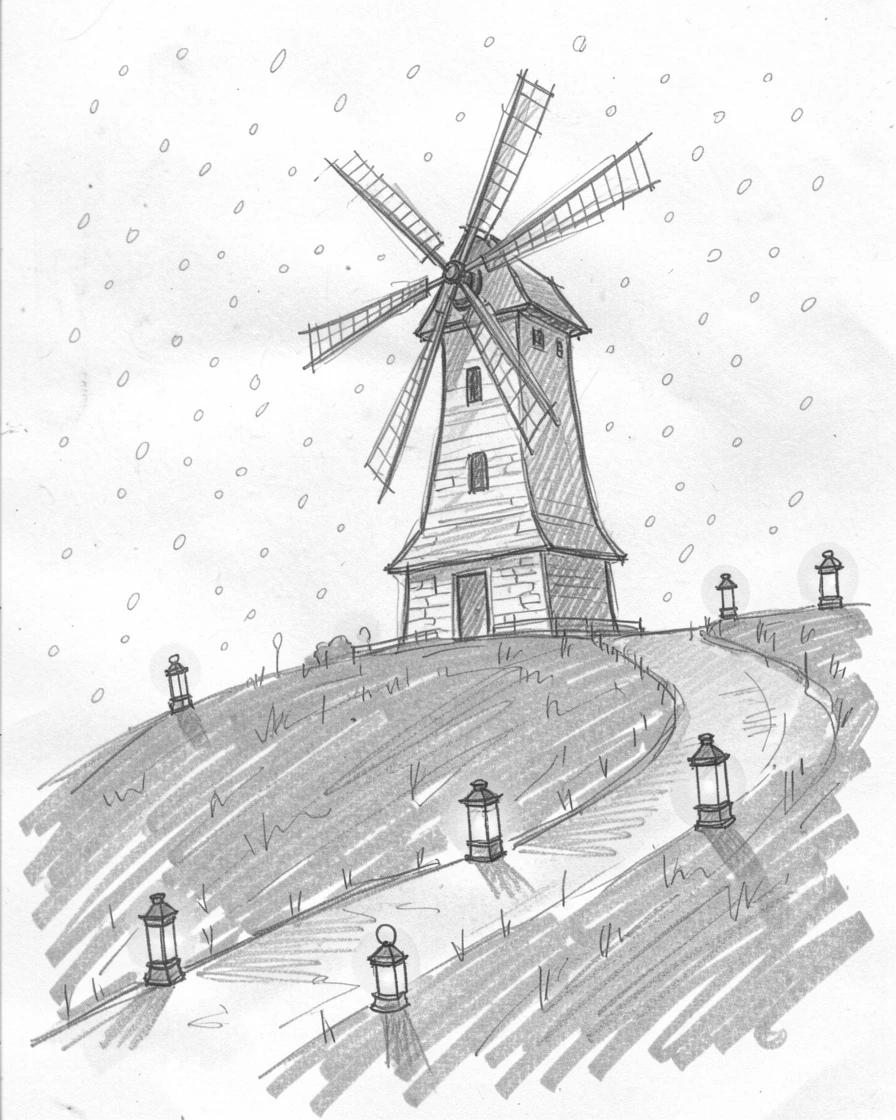 An old windmill on a green hill in gentle falling snow, with lanterns glowing along the pathway.