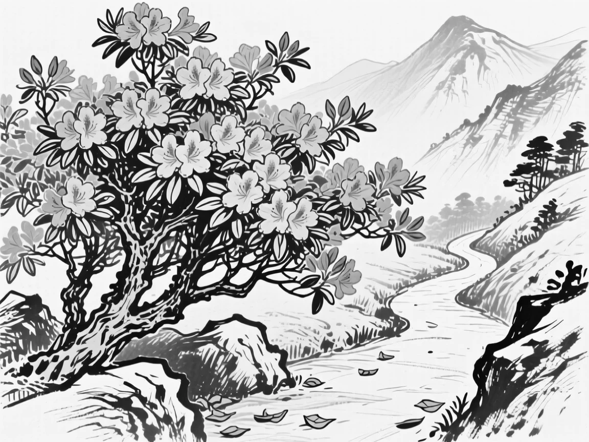A blooming rhododendron bush in vivid pink along a mountain trail.