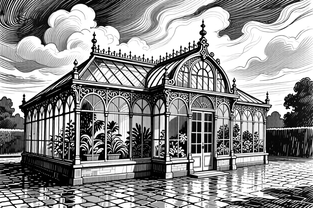 A victorian greenhouse conservatory under a dramatic sky, featuring cobblestones glistening after rain, rendered in a cozy and inviting architectural composition.