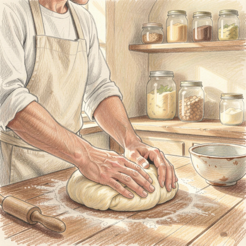 A baker kneading dough in a sunlit farmhouse kitchen, with soft focus on the hands and careful details of the craft, celebrating the quiet joy of craftsmanship and passion.