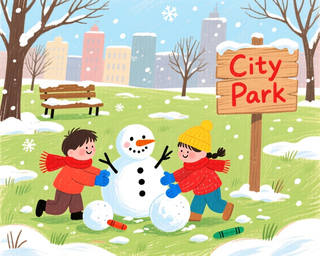 A snow dusted city park with children building a snowman.