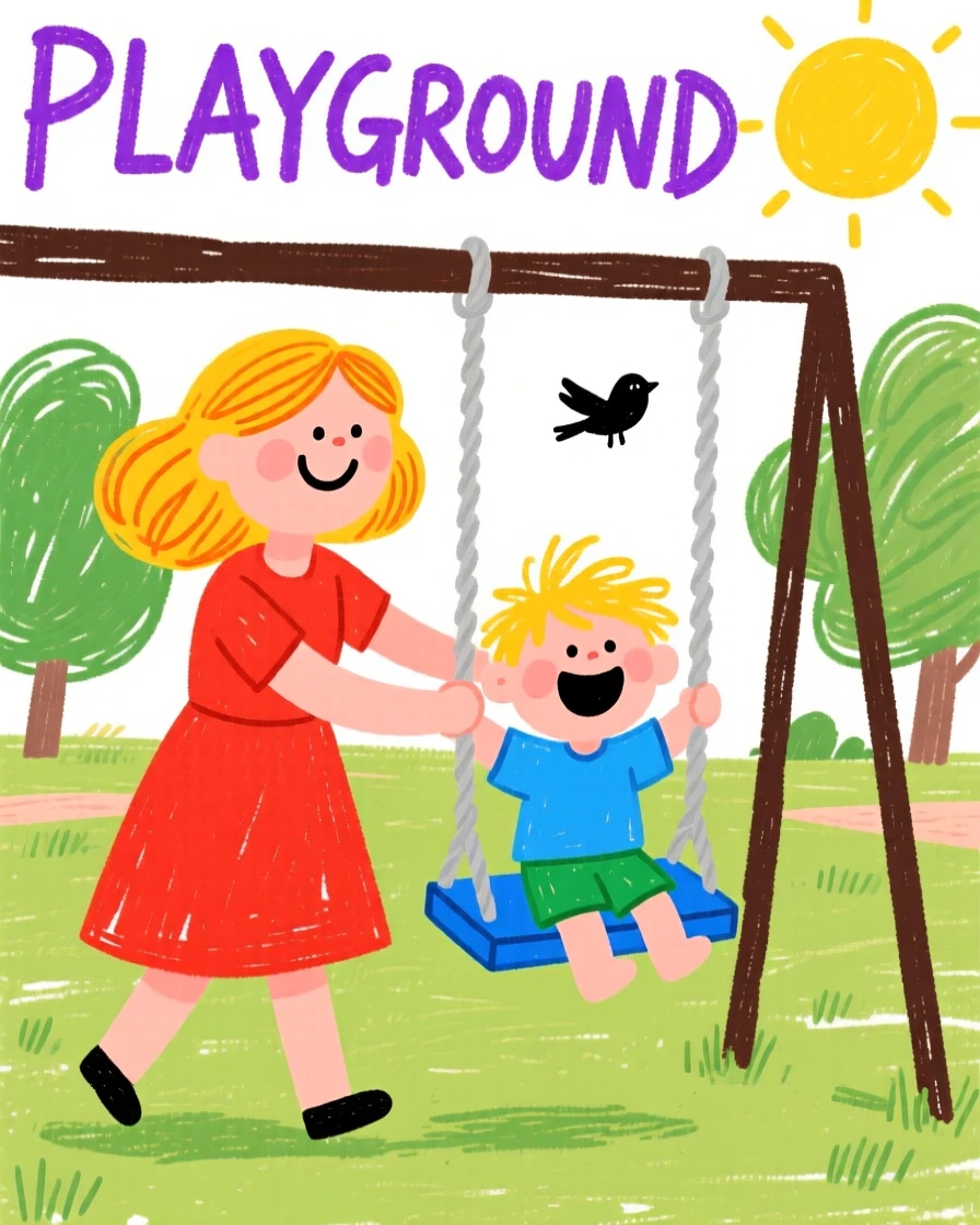 A mother pushing her giggling child on a park swing.