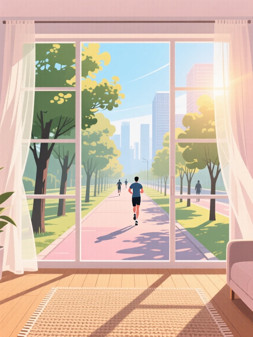 A morning run along a tree-lined city path, set in a bright, sunlit room with soft natural light, arranged with layered textures creating visual interest, with gentle pastel tones evoking calm and comfort.