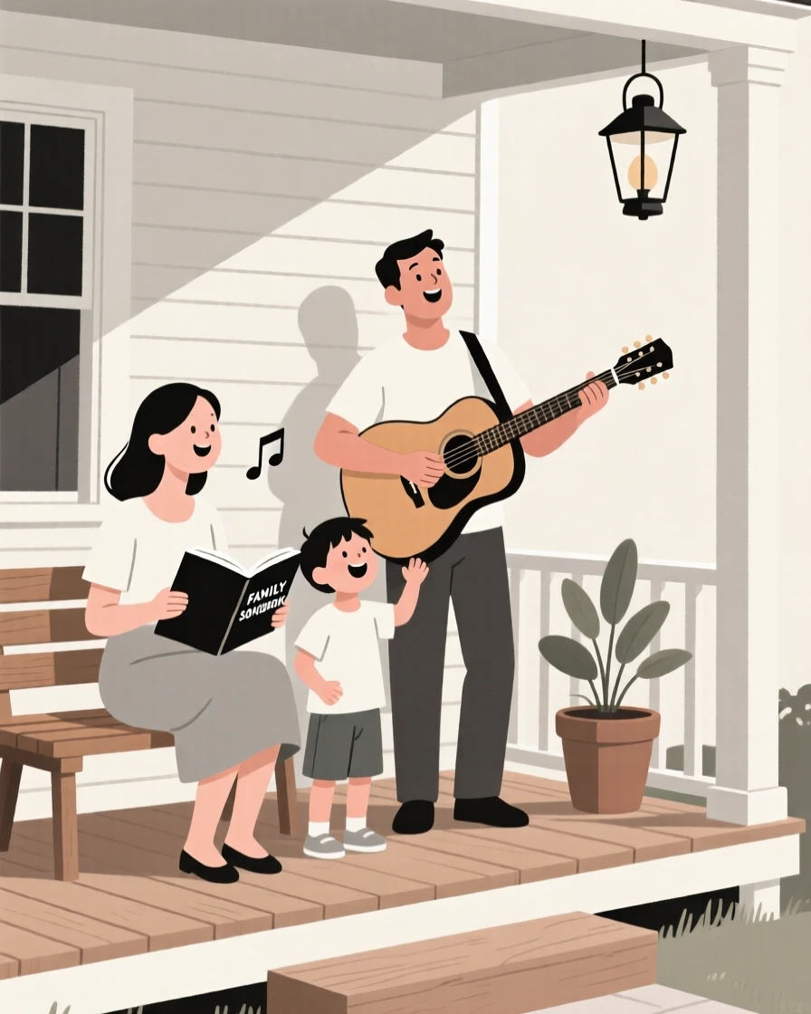A family singing songs together on the front porch.
