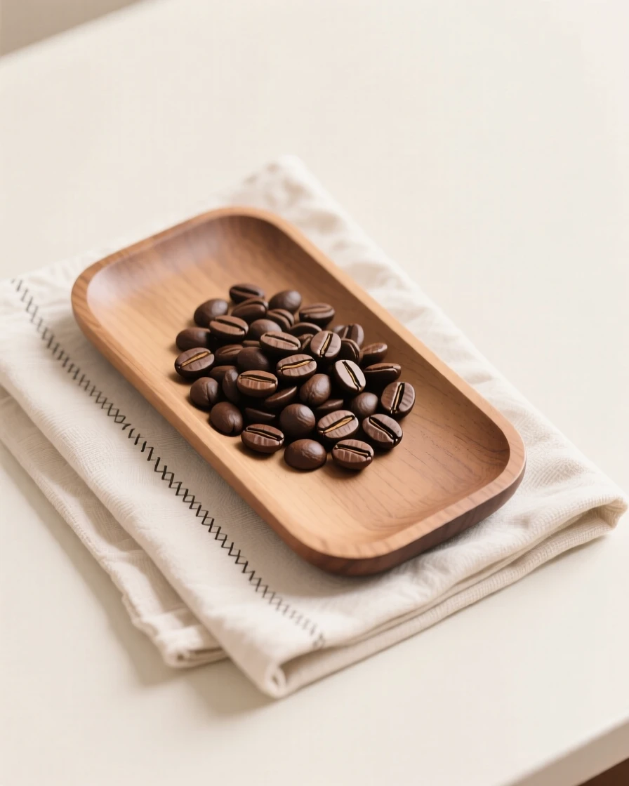 A freshly prepared tray of roasted coffee beans served on a linen napkin, set in a cozy breakfast nook, inviting simple satisfaction.