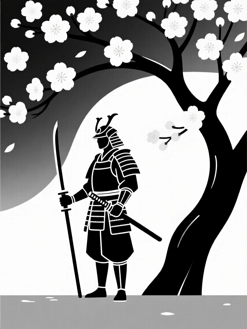 A samurai standing guard beneath a cherry blossom tree.