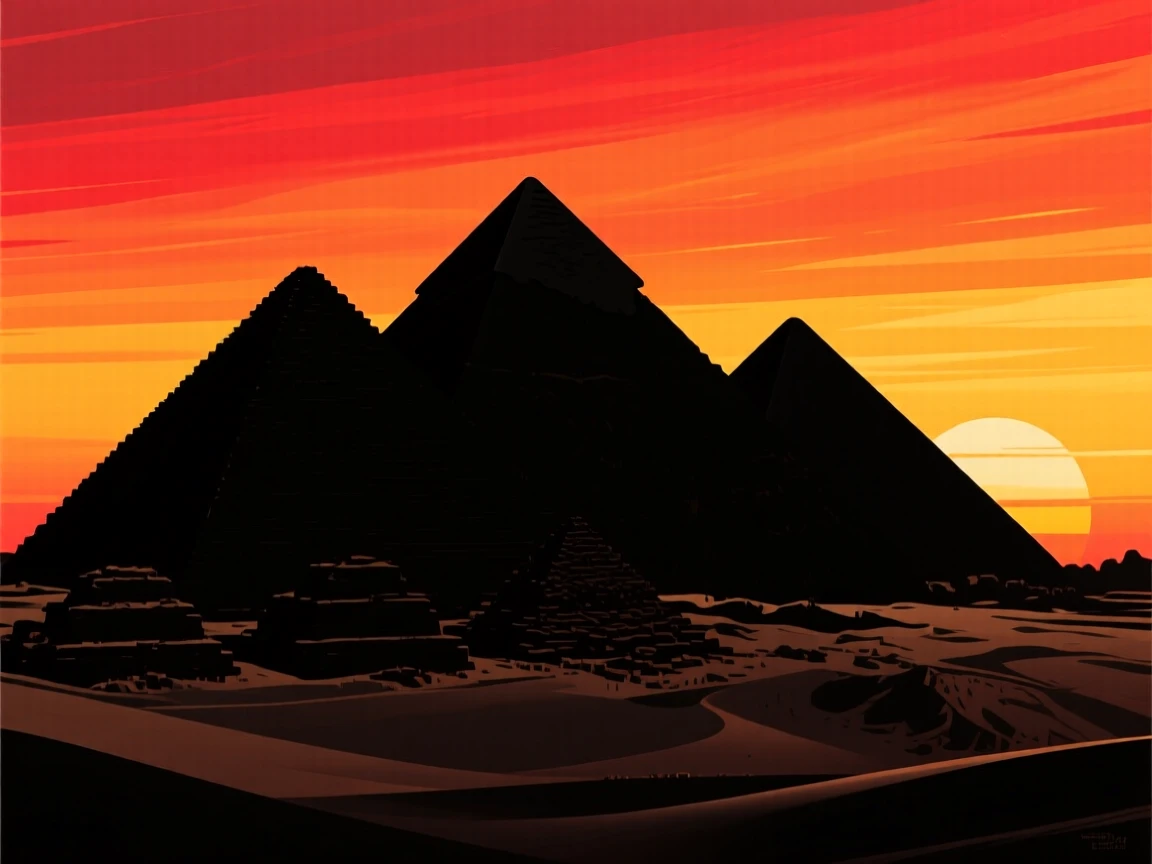 The three great pyramids of Giza rising from the desert sand at sunset.