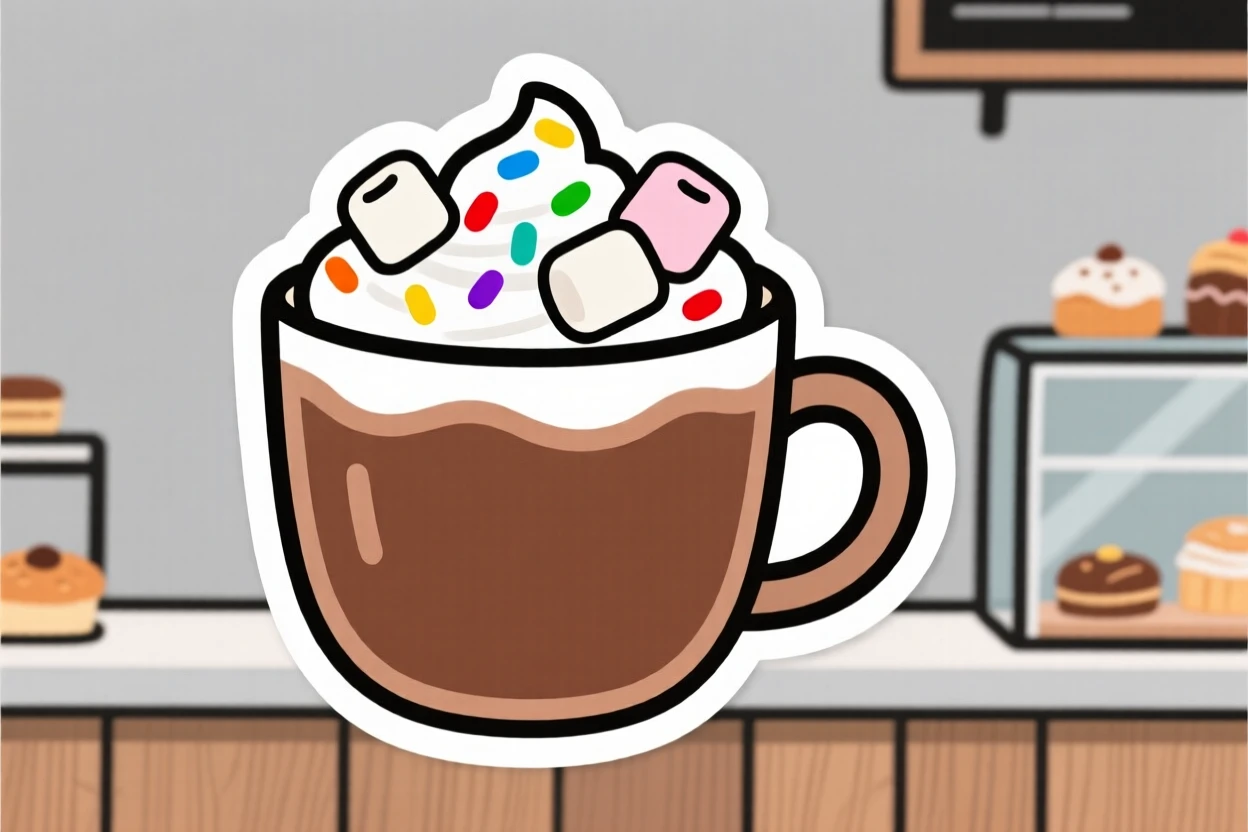 An irresistibly warm cup of hot cocoa topped with whipped cream and marshmallows, sprinkled with rainbow sprinkles, at a charming bakery counter.