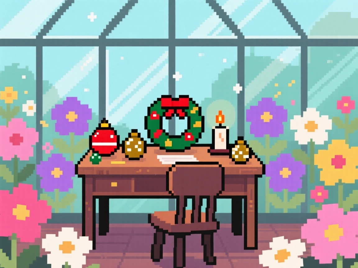 A study desk decorated for the holidays with tiny ornaments, in a greenhouse full of blooming flowers.