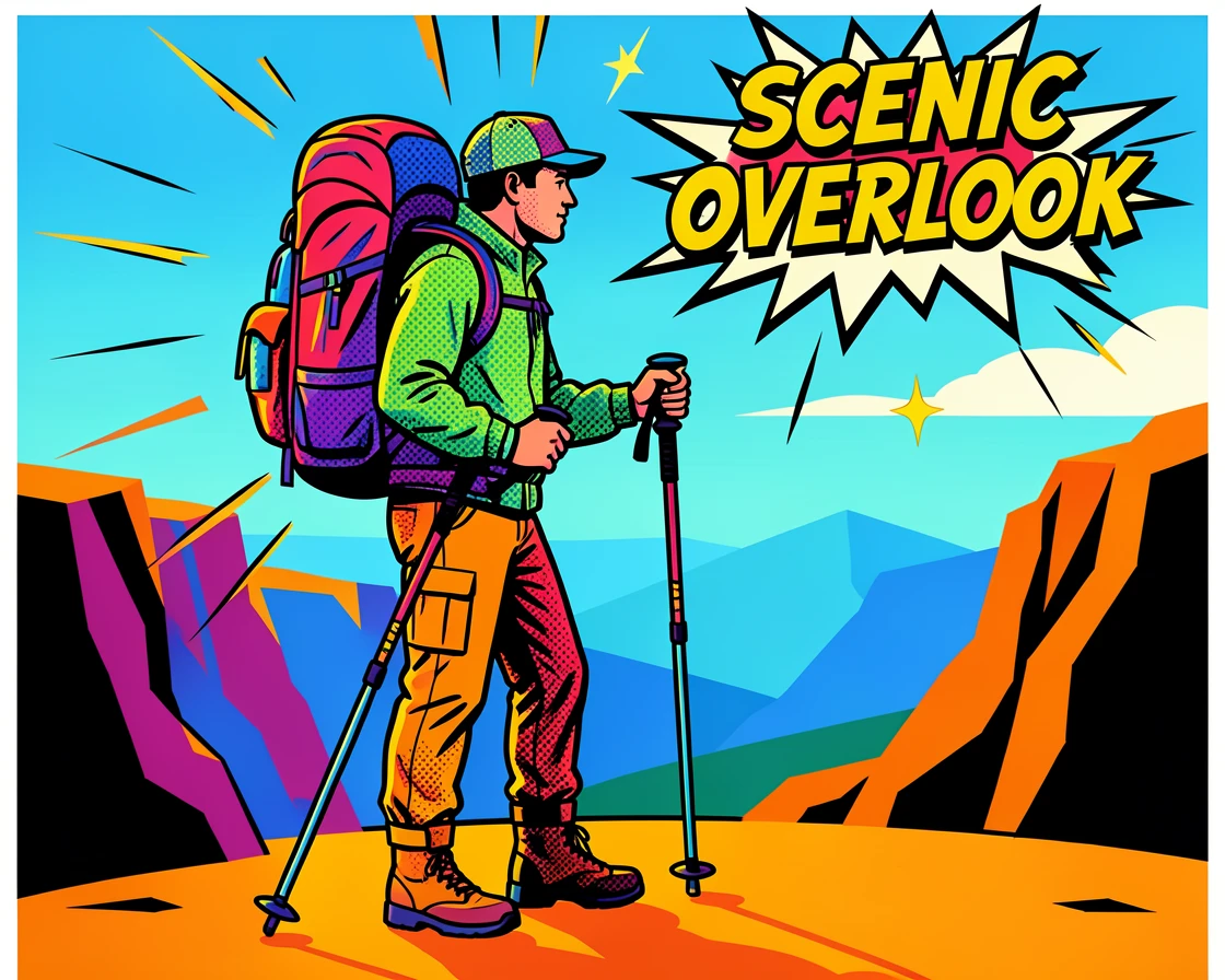 A hiker pausing at a scenic overlook with a backpack and trekking poles
