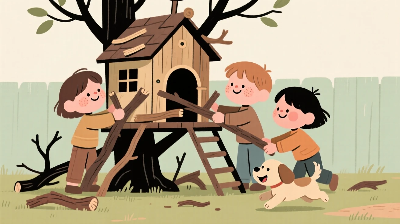 A trio of children build a treehouse out of fallen branches in the backyard, laughing as a puppy bounds through the middle of it.