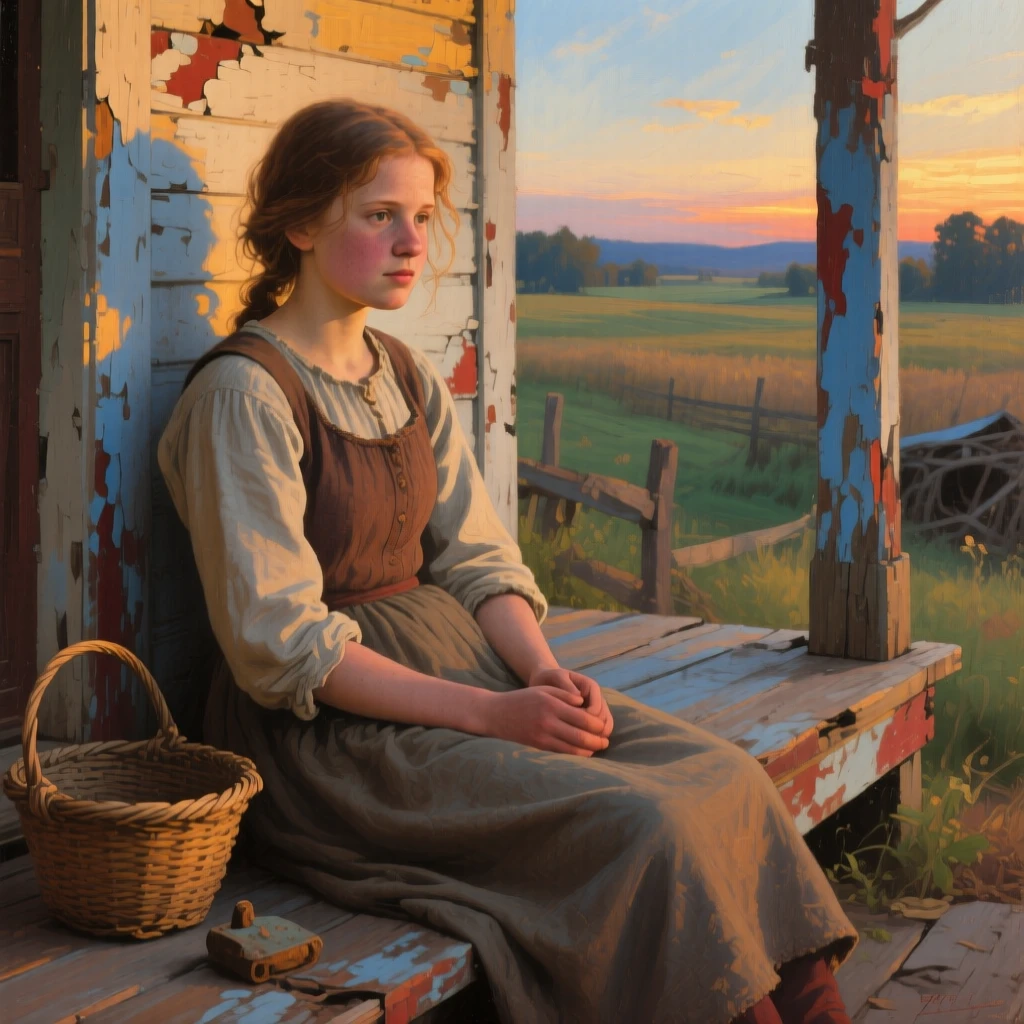 An intimate close-up of a farm girl on a weathered porch, glowing with pride, in the last light of sunset.