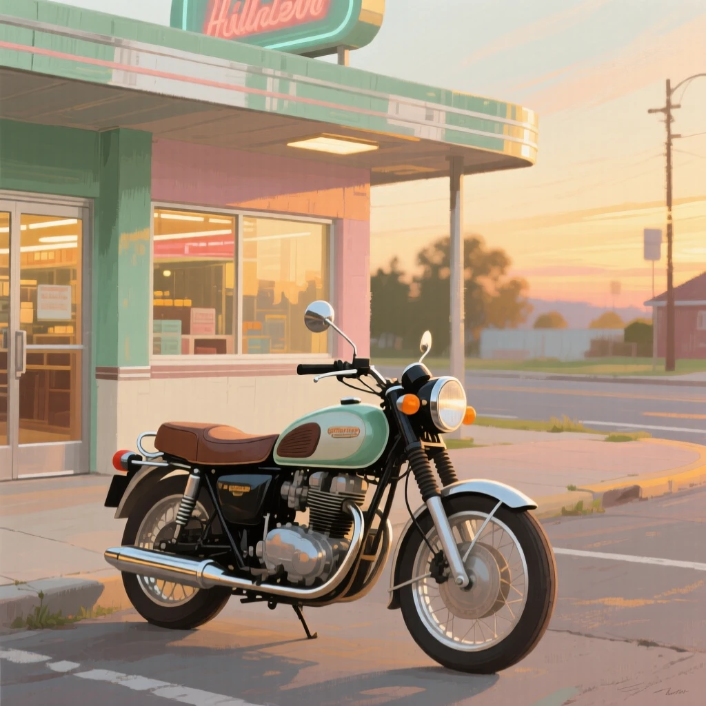 A vintage motorbike parked outside a roadside diner at dusk