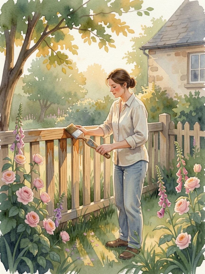 A woman staining a garden fence in a cottage garden as the golden afternoon light filters through nearby trees.