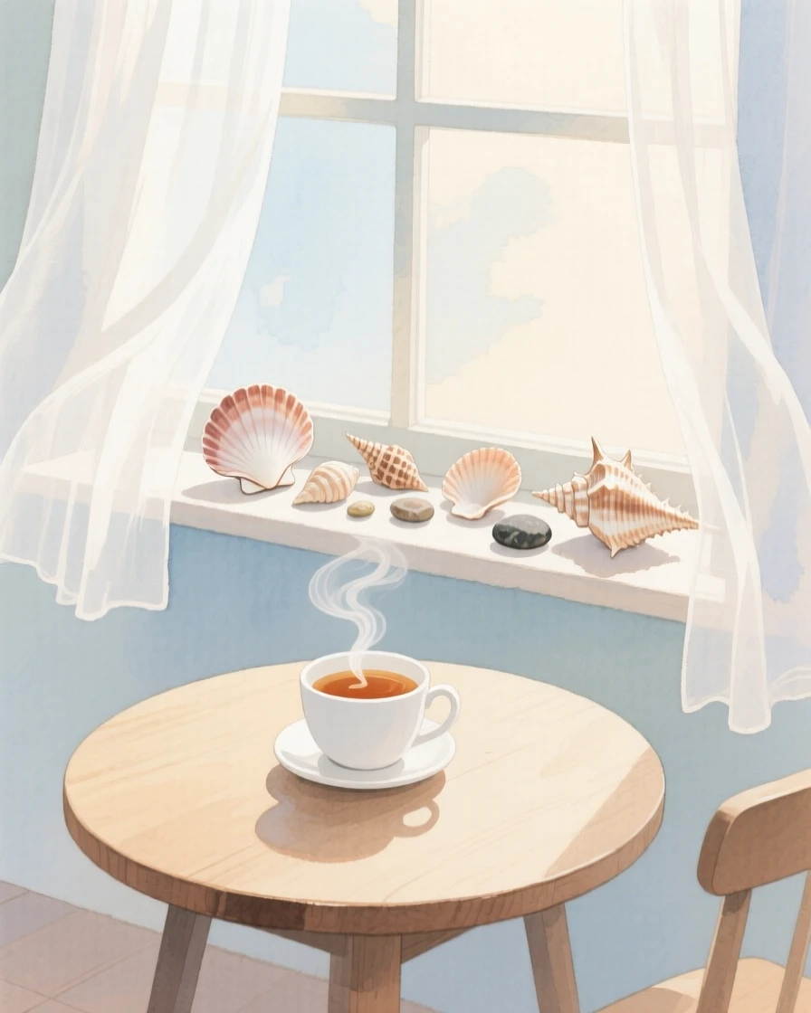 A charming view of a cozy breakfast nook, with steam rising from a fresh cup of tea, featuring a collection of seashells on the windowsill