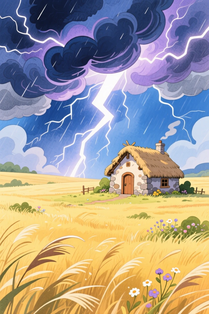 A dramatic thunderstorm rolling over golden prairie grass, with a small stone cottage nestled in the distance, inspiring a sense of calm and wonder.