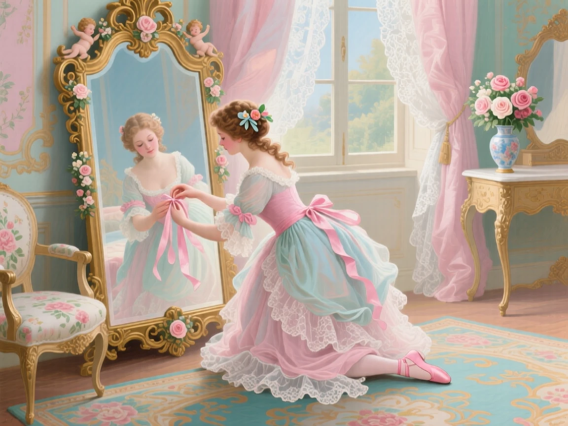 A graceful dancer adjusting her slipper beside a gilded mirror  