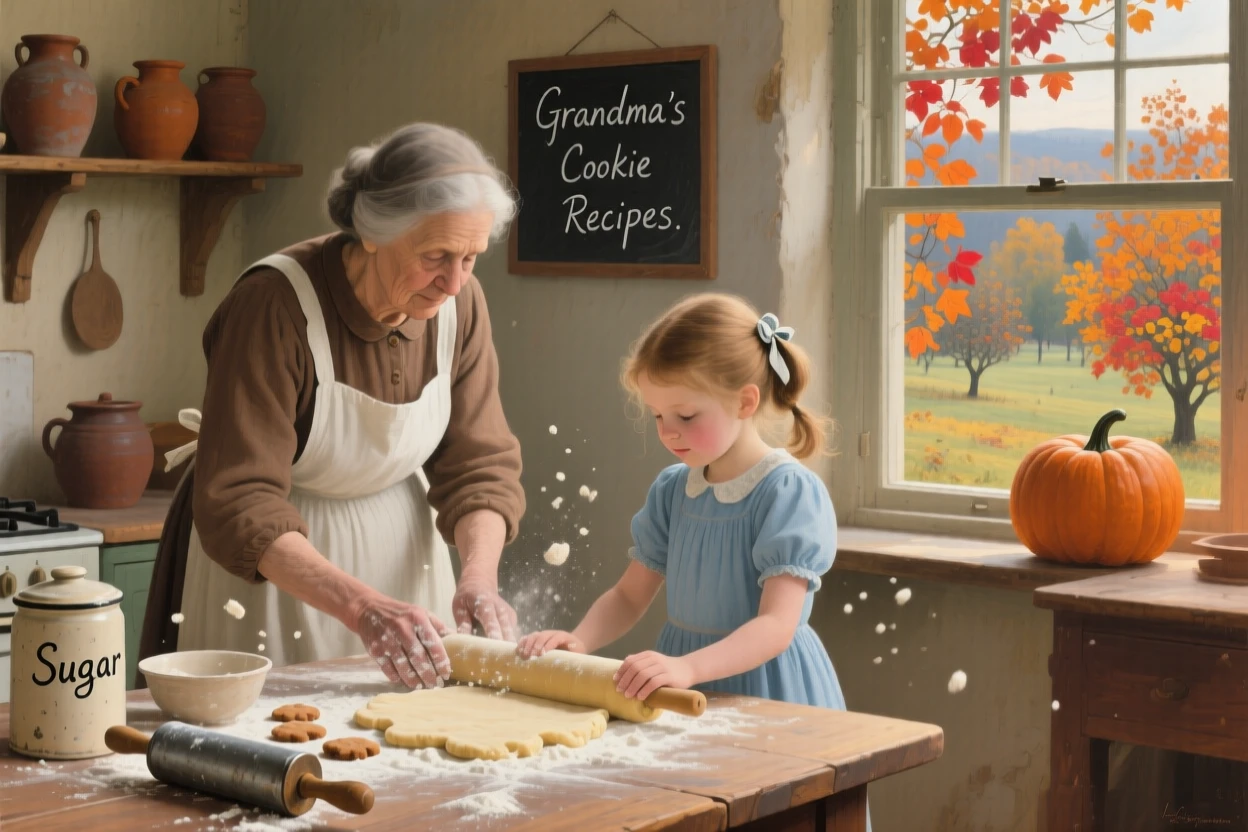 A grandmother and granddaughter baking cookies together, flour dusting the counter, as the changing season is reflected in the surrounding setting, designed to remind viewers of their own cherished family memories