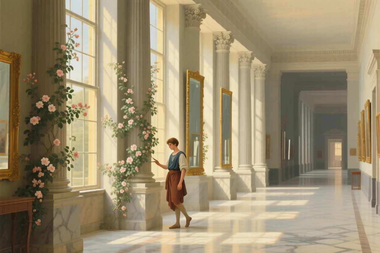 A sunlit atrium framed by Corinthian columns and flowering vines catching the first light of morning through tall windows, set inside a grand academy of art and learning, with tall mirrors reflecting endless corridors of light and shadow; a lone figure or object provides scale against the soaring architecture, capturing the serene majesty of a space built to inspire awe.