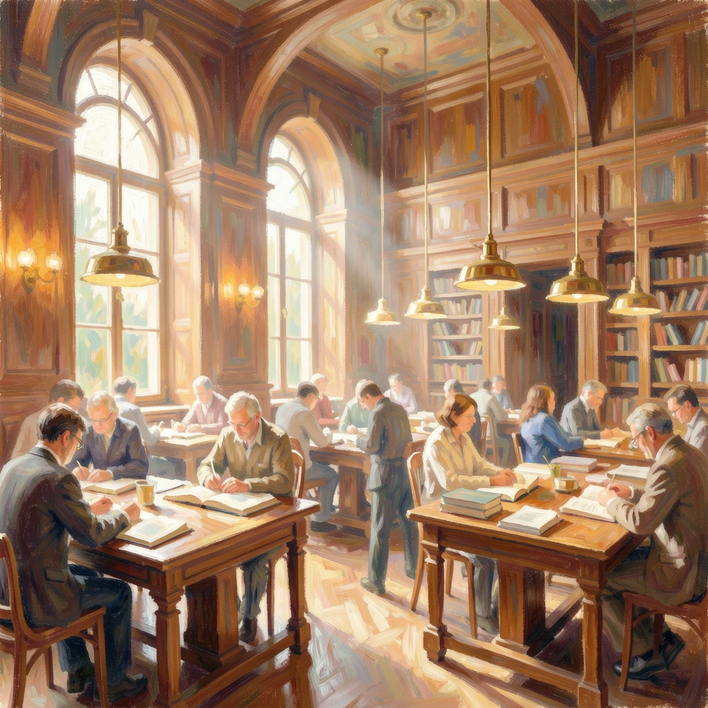 A grand library reading room filled with scholars beneath tall arched windows and brass lamps.