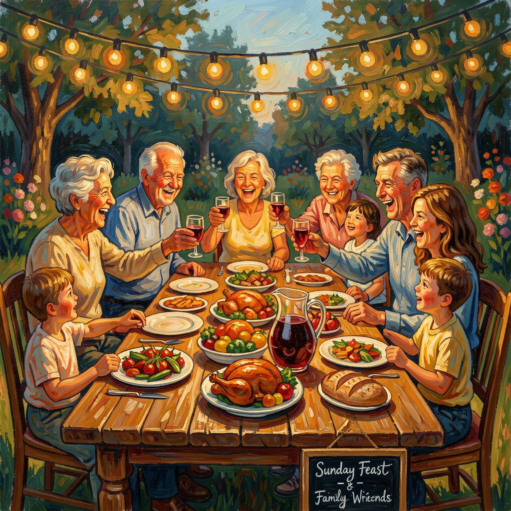 A family gathered around a long wooden table sharing a Sunday feast under string lights.