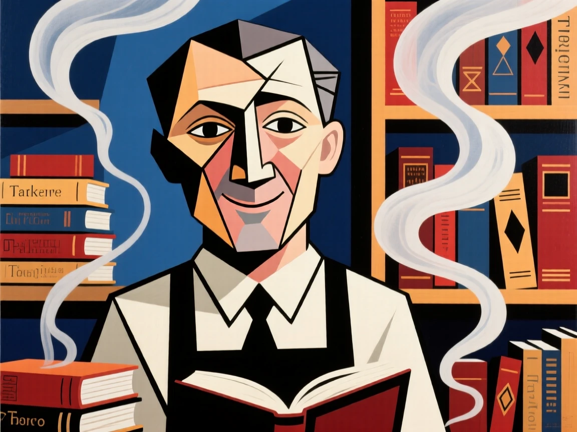 A medium shot of a bookshop owner smiling gently as steam rises gently around them.
