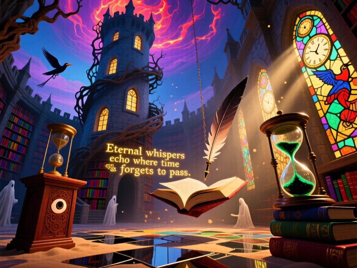 A castle tower library where the books whisper faintly to themselves waits patiently, untouched by the passage of centuries, while dust motes drift like tiny stars through beams of light.