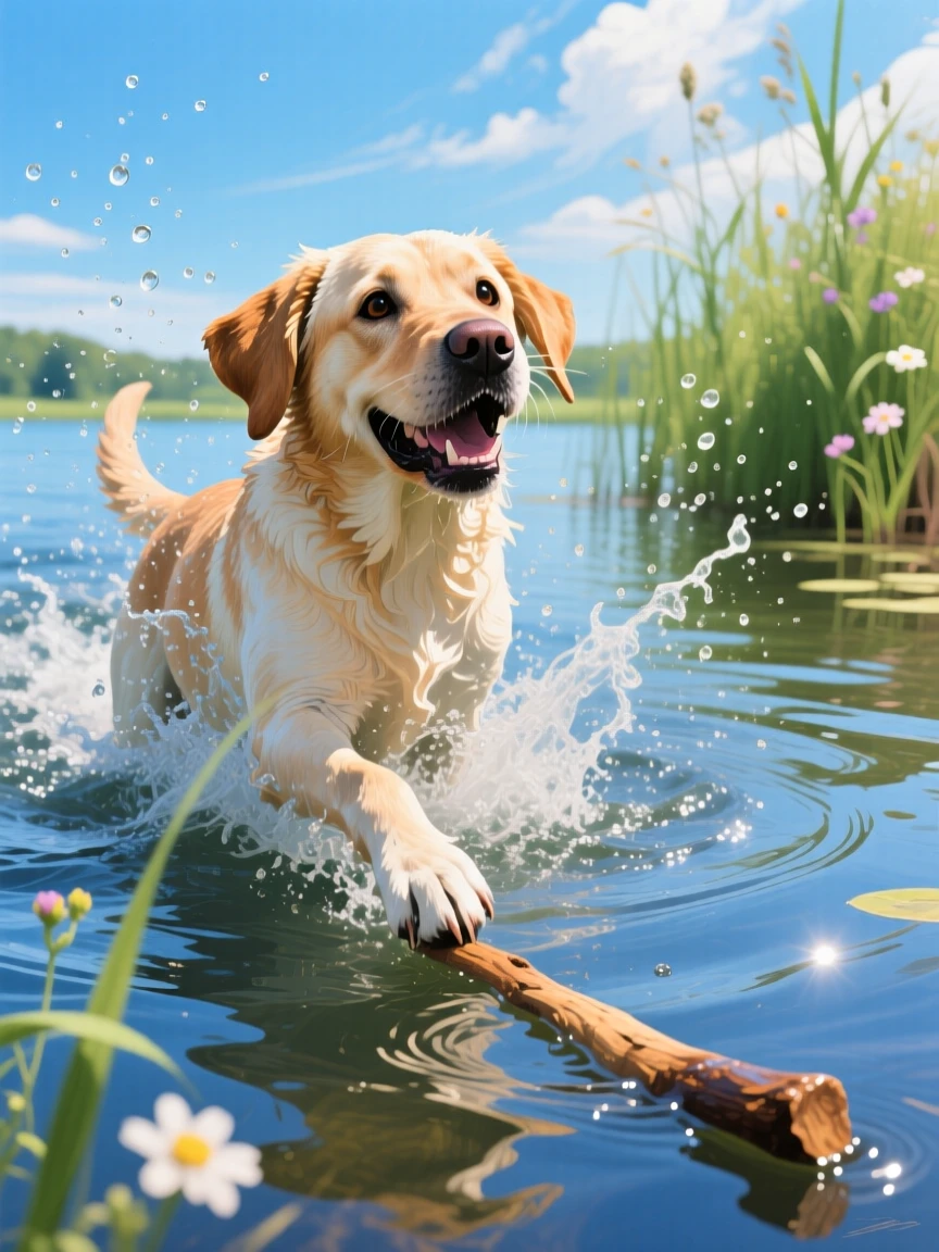 A happy Labrador retriever splashes joyfully through a lake, water spraying in every direction as it swims toward a floating stick, the scene suggesting a fleeting, candid moment rather than a posed encounter.