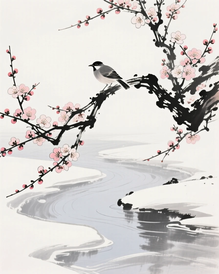 Branches heavy with plum blossoms arch over a frozen stream, as a single bird perches among the flowering branches.