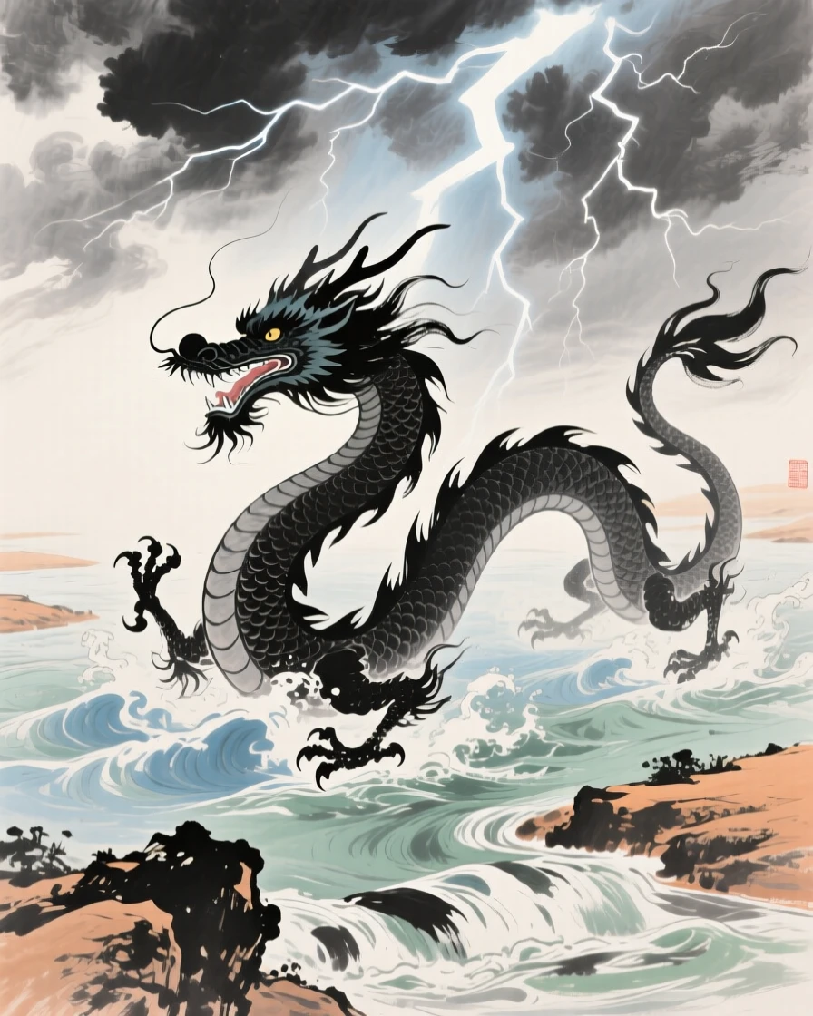 A dragon emerging from a churning river beneath a lightning lit sky, suffused with quiet joy, under a sky streaked with clouds.