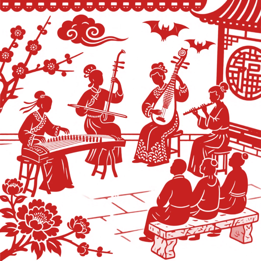 A group of musicians playing traditional instruments in a courtyard, an audience seated on stone benches nearby